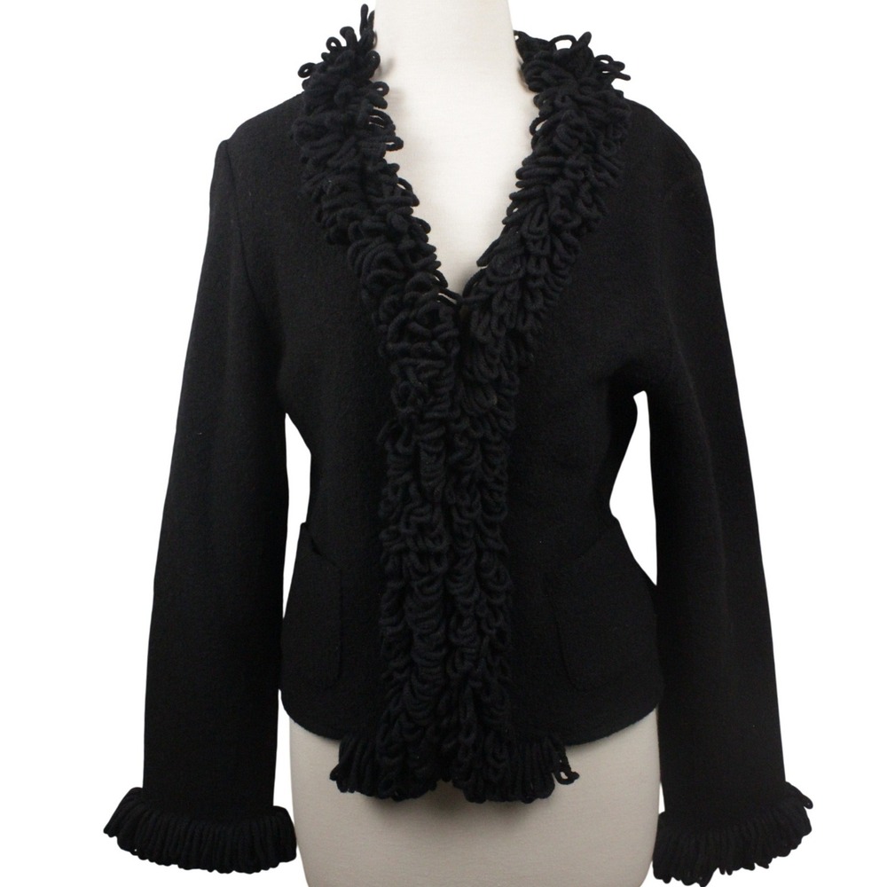 Lisa International Boiled Wool Cardigan Women M Black Fringe V Neck Whimsigoth